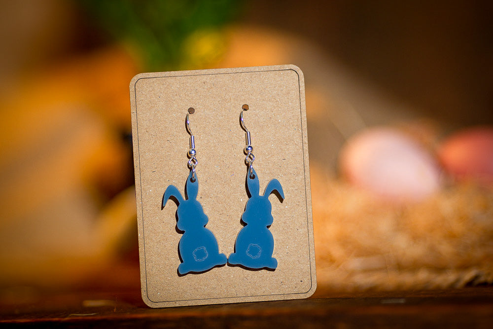 Acrylic Easter bunny earring in denim blue with sterling silver hook