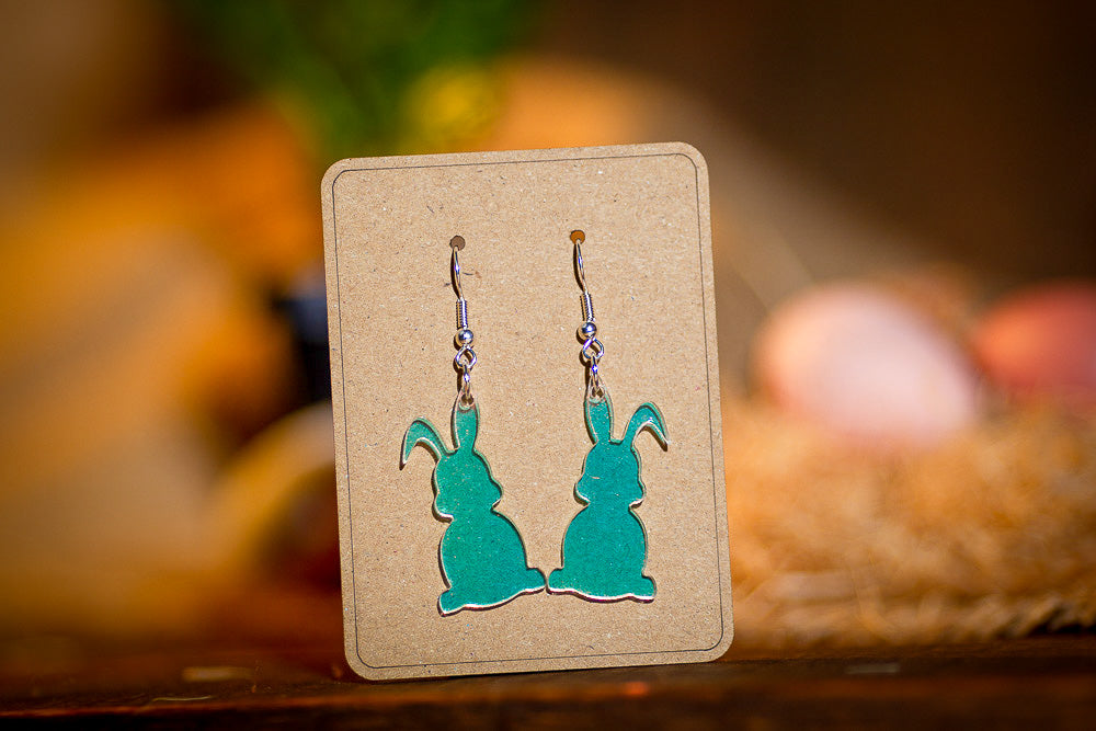 Acrylic Easter bunny earring in iridescent blue and pink with sterling silver hook
