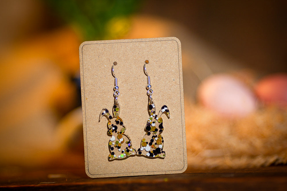 Acrylic Easter bunny earring in clear metallic dots with sterling silver hook