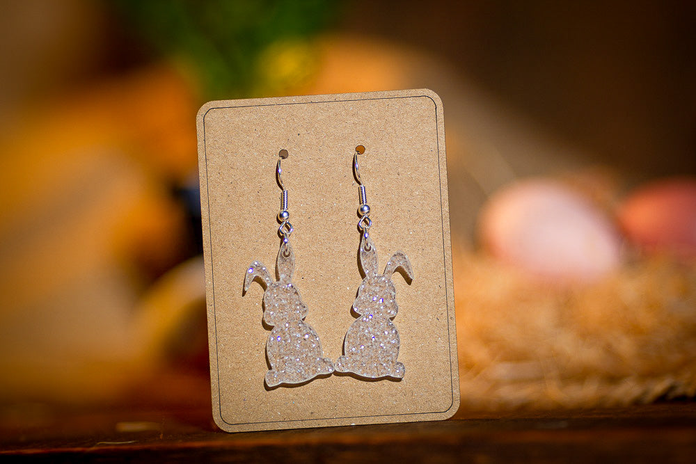 Acrylic Easter bunny earring in clear glitter with sterling silver hook